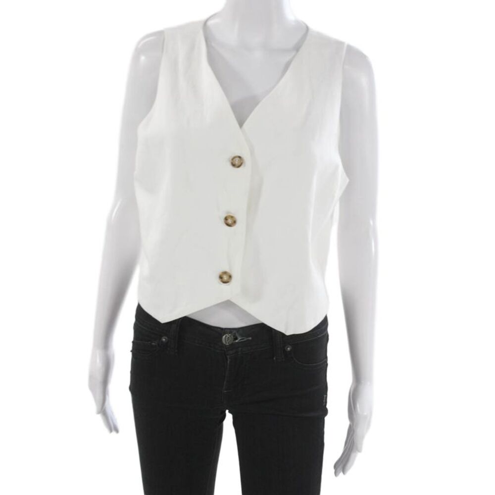 G. Womens Sleeveless V Neck Button Vest White Cotton Linen Size 8
